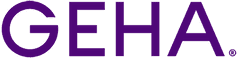 GEHA logo in purple text